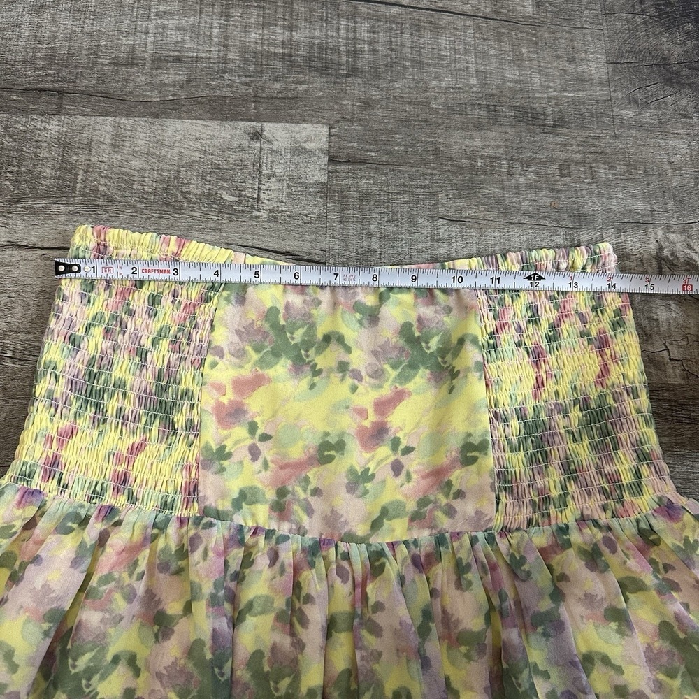 Harper Wren Yellow Floral Smocked Mini Skirt Ruffle Hem Pastel Cottagecore Sz M - Picture 2 of 6